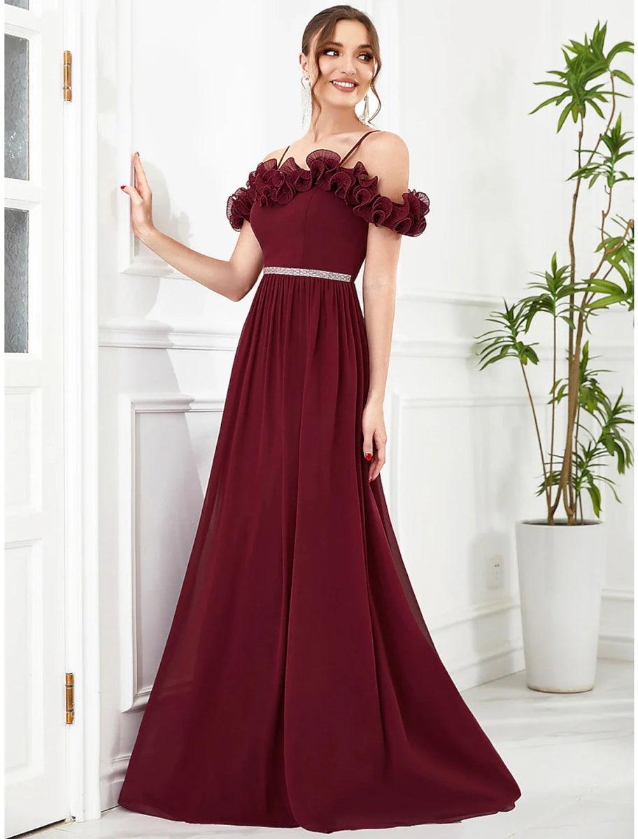 NumberSea - A - Line Prom Dresses Vintage Dress Wedding Guest Birthday Floor Length Sleeveless Off Shoulder Bridesmaid Dress Chiffon with Appliques Shouder Flower