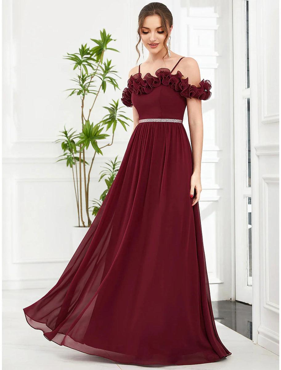 NumberSea - A - Line Prom Dresses Vintage Dress Wedding Guest Birthday Floor Length Sleeveless Off Shoulder Bridesmaid Dress Chiffon with Appliques Shouder Flower
