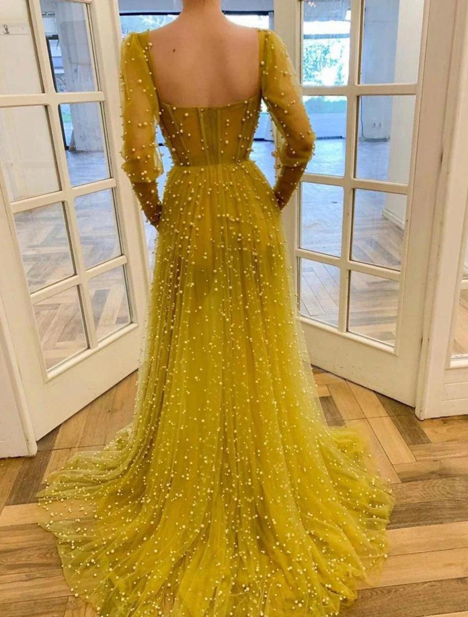 NumberSea - A - Line Prom Dresses Vintage Dress Wedding Guest Prom Sweep / Brush Train Long Sleeve Square Neck Tulle with Beading Pure Color