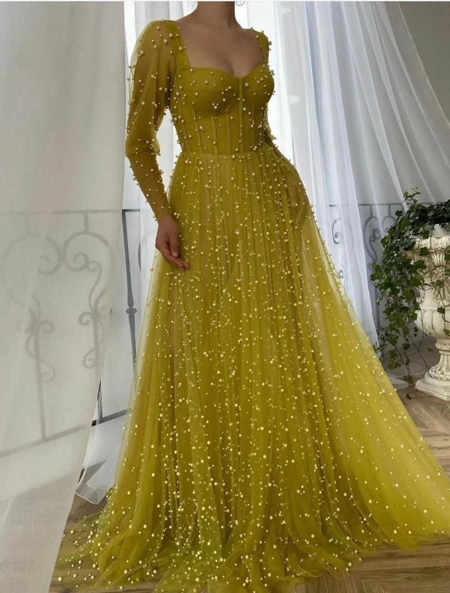 NumberSea - A - Line Prom Dresses Vintage Dress Wedding Guest Prom Sweep / Brush Train Long Sleeve Square Neck Tulle with Beading Pure Color