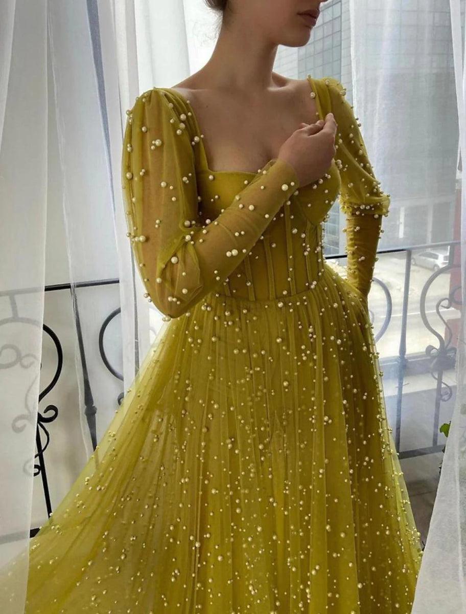 NumberSea - A - Line Prom Dresses Vintage Dress Wedding Guest Prom Sweep / Brush Train Long Sleeve Square Neck Tulle with Beading Pure Color