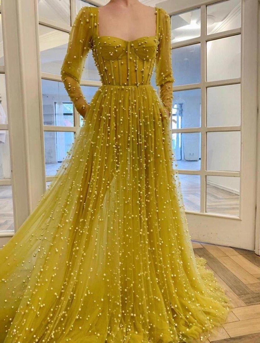 NumberSea - A - Line Prom Dresses Vintage Dress Wedding Guest Prom Sweep / Brush Train Long Sleeve Square Neck Tulle with Beading Pure Color