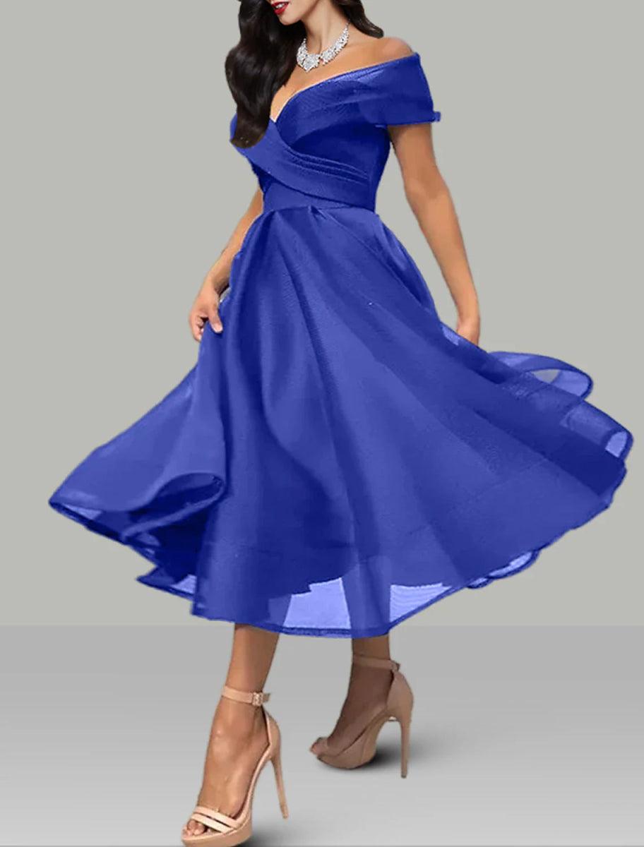 backless tea length dress NumberSea-A-Line Prom Dresses Vintage Dress Wedding Guest Summer Tea Length Sleeveless Off Shoulder Organza Backless with Ruched Sky Blue