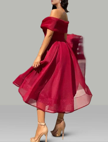 NumberSea - A - Line Prom Dresses Vintage Dress Wedding Guest Summer Tea Length Sleeveless Off Shoulder Organza Backless with Ruched