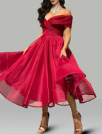 NumberSea - A - Line Prom Dresses Vintage Dress Wedding Guest Summer Tea Length Sleeveless Off Shoulder Organza Backless with Ruched