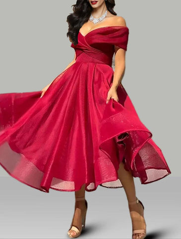 NumberSea - A - Line Prom Dresses Vintage Dress Wedding Guest Summer Tea Length Sleeveless Off Shoulder Organza Backless with Ruched