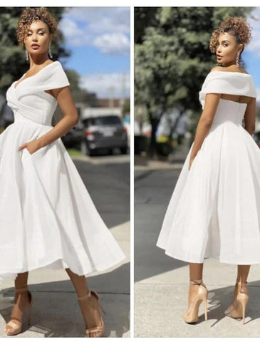 NumberSea - A - Line Prom Dresses Vintage Dress Wedding Guest Summer Tea Length Sleeveless Off Shoulder Organza Backless with Ruched