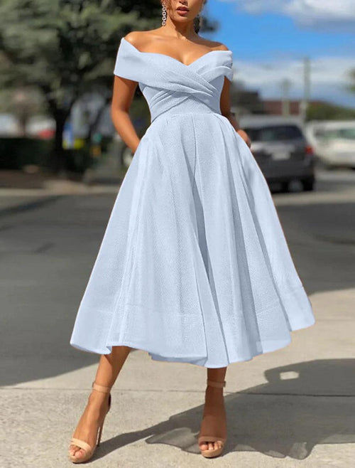 NumberSea-A-Line Prom Dresses Vintage Dress Wedding Guest Summer Tea Length Sleeveless Off Shoulder Organza Backless with Ruched Sky Blue NumberSea-A-Line Prom Dresses Vintage Dress Wedding Guest Summer Tea Length Sleeveless Off Shoulder Organza Backless with Ruched Sky Blue