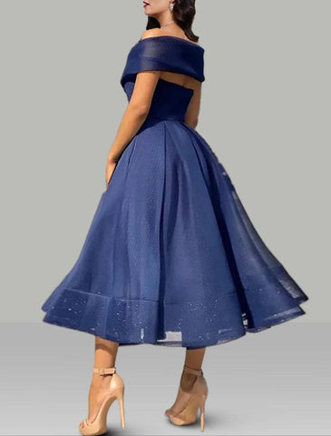 NumberSea - A - Line Prom Dresses Vintage Dress Wedding Guest Summer Tea Length Sleeveless Off Shoulder Organza Backless with Ruched