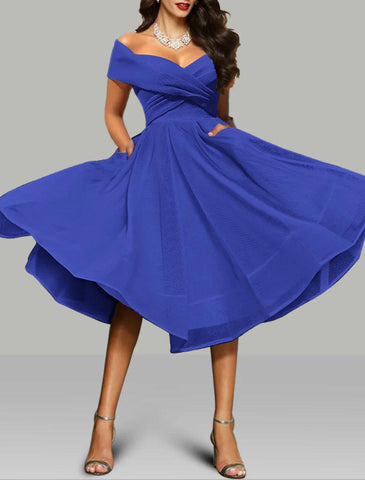 NumberSea - A - Line Prom Dresses Vintage Dress Wedding Guest Summer Tea Length Sleeveless Off Shoulder Organza Backless with Ruched