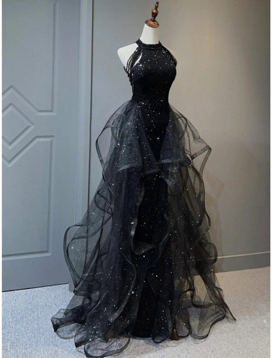 NumberSea-A-Line Prom Dresses Vintage Dress Wedding Party Birthday Sweep / Brush Train Sleeveless Halter Neck Wednesday Addams Family Sequined with