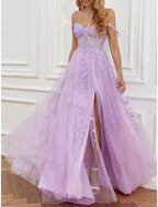 NumberSea - A - Line Prom Party Dress See Through Dress Formal Prom Sweep / Brush Train Sleeveless Sweetheart Tulle Backless with Beading Slit Appliques