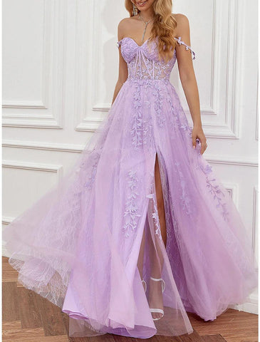 NumberSea - A - Line Prom Party Dress See Through Dress Formal Prom Sweep / Brush Train Sleeveless Sweetheart Tulle Backless with Beading Slit Appliques