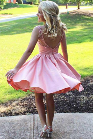 A-Line Round Neck Pink Satin Homecoming/Party Dress with Beading