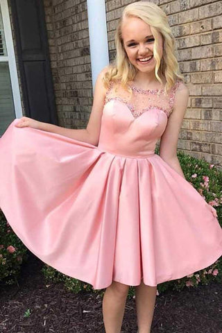 A-Line Round Neck Pink Satin Homecoming/Party Dress with Beading
