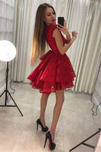 A-Line Round Neck Short Red Lace Homecoming Party Dress