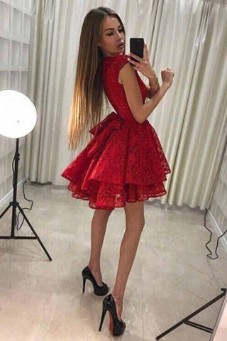 A-Line Round Neck Short Red Lace Homecoming Party Dress