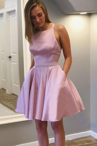 A-line Round Neck Sleeveless Straps Short Homecoming Dress with Beading