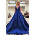 NumberSea - A - line Royal Blue Satin Beaded Long Prom Dress Pageant Dress