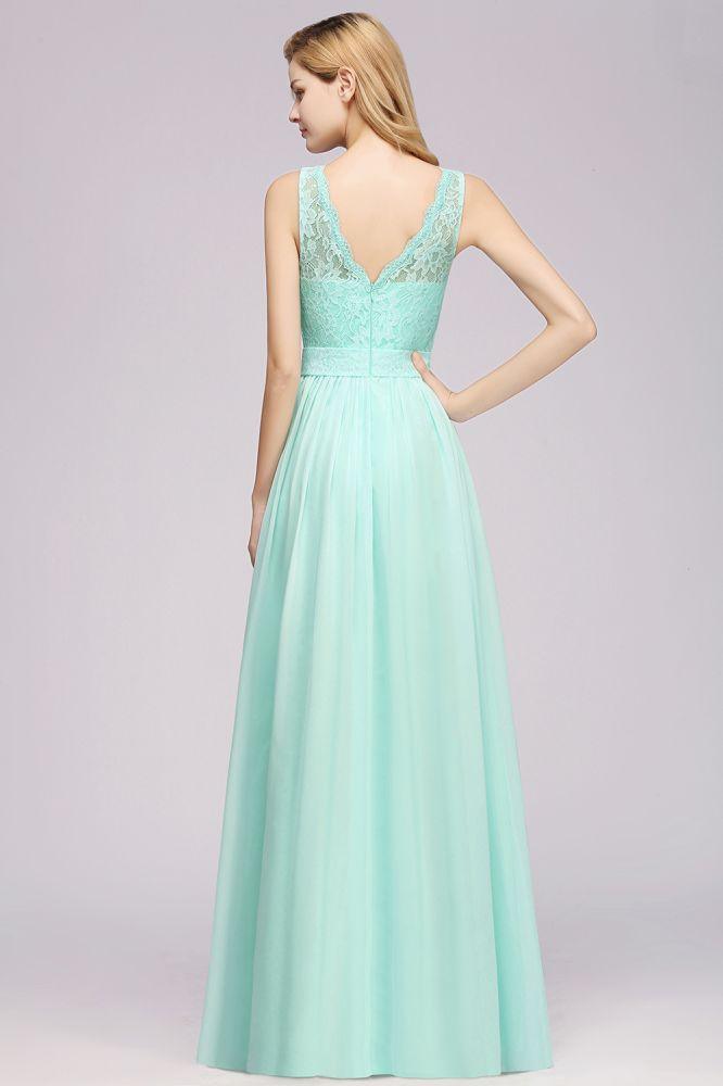 A-Line Ruffles Bridesmaid Dress Lace Scalloped Sleeveless Floor-Length Wedding Party Dress
