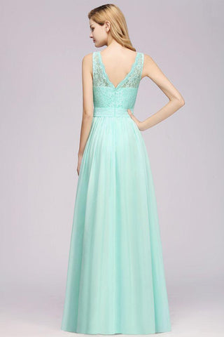 A-Line Ruffles Bridesmaid Dress Lace Scalloped Sleeveless Floor-Length Wedding Party Dress
