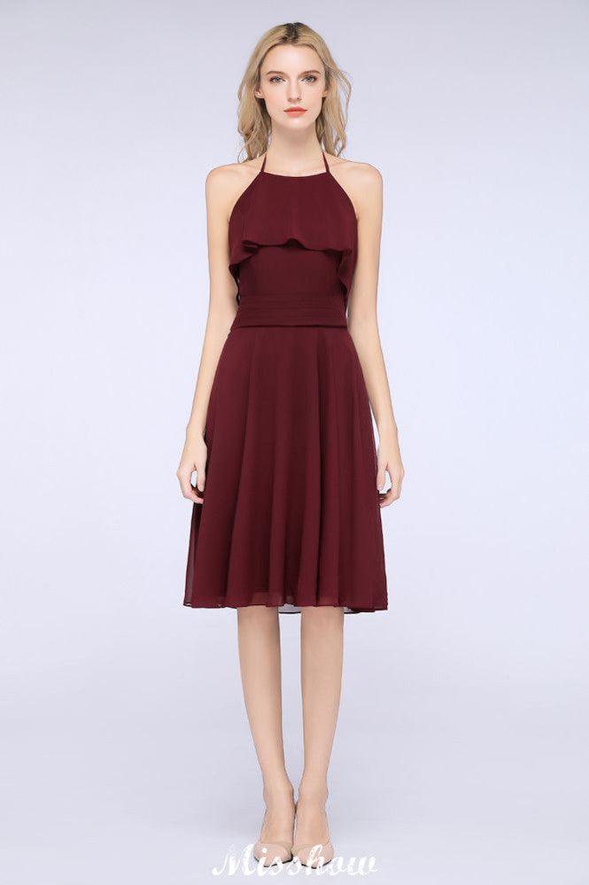 A-Linie Rüschen Chiffon Neckholder Knielanges Partykleid Schlichtes Brautjungfernkleid