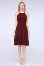 A-Linie Rüschen Chiffon Neckholder Knielanges Partykleid Schlichtes Brautjungfernkleid