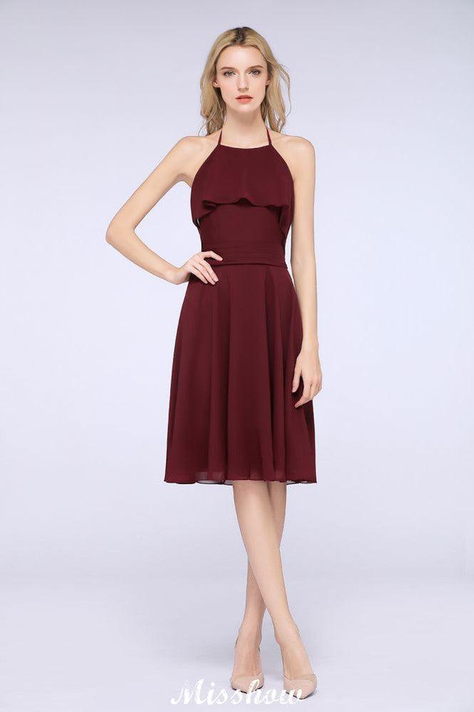A-Linie Rüschen Chiffon Neckholder Knielanges Partykleid Schlichtes Brautjungfernkleid