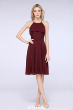 A-Linie Rüschen Chiffon Neckholder Knielanges Partykleid Schlichtes Brautjungfernkleid