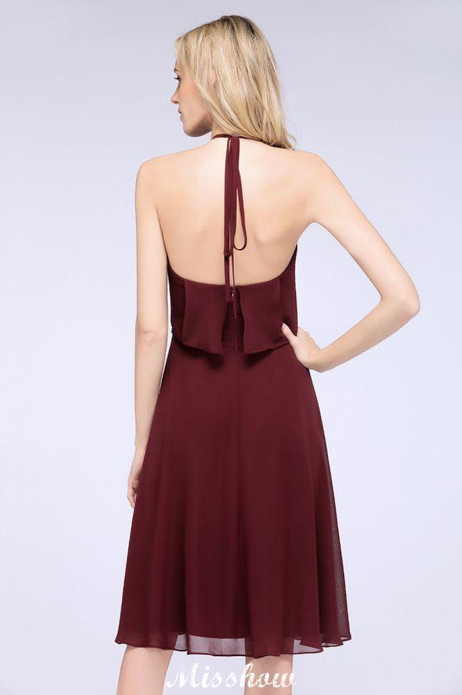 A-Linie Rüschen Chiffon Neckholder Knielanges Partykleid Schlichtes Brautjungfernkleid