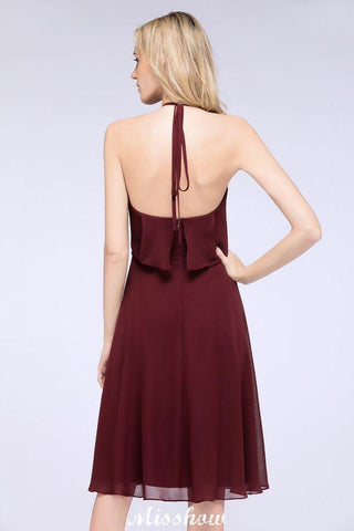 A-Line Ruffles Chiffon Halter Knee-Length Party Dress Simple Bridesmaid Dress