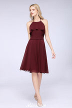 A-Linie Rüschen Chiffon Neckholder Knielanges Partykleid Schlichtes Brautjungfernkleid