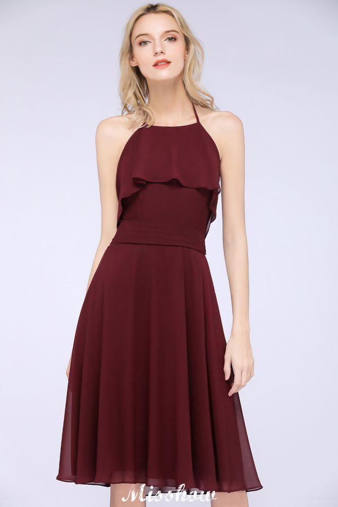 A-Linie Rüschen Chiffon Neckholder Knielanges Partykleid Schlichtes Brautjungfernkleid