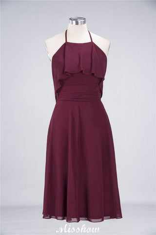 A-Line Ruffles Chiffon Halter Knee-Length Party Dress Simple Bridesmaid Dress