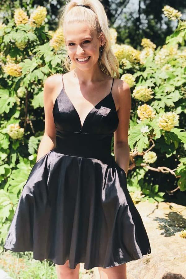 A-line Satin Fit and Flare Yellow Homecoming Dress with Pockets