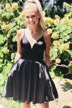 A-line Satin Fit and Flare Yellow Homecoming Dress with Pockets