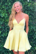 A-line Satin Fit and Flare Yellow Homecoming Dress with Pockets