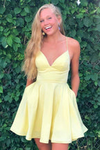 A-line Satin Fit and Flare Yellow Homecoming Dress with Pockets