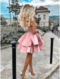 NumberSea - A - Line Satin Mini Homecoming Dress One Shoulder Minimalist Cocktail Party Dress Dress Sleeveless Short / Mini With Tier