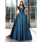 NumberSea - A Line Satin Pleats Feathers Elegant Long Prom Formal Dress with Pockets