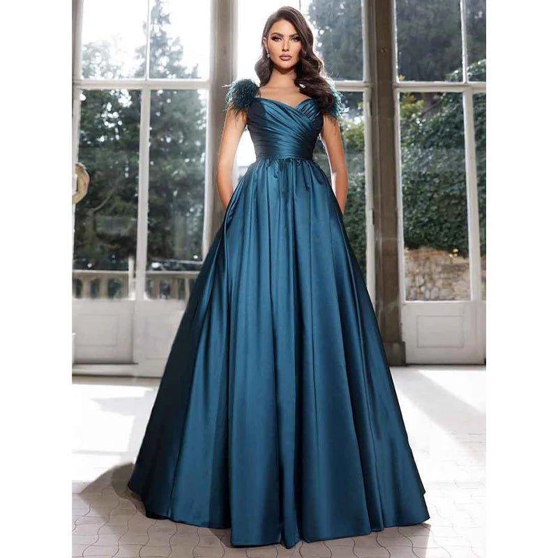 NumberSea - A Line Satin Pleats Feathers Elegant Long Prom Formal Dress with Pockets