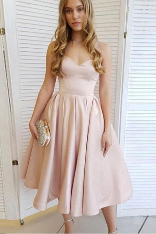 A-Line Satin Sweetheart Tea Length Homecoming Dress Short Prom Dress