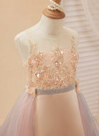 NumberSea - A - line Satin Tulle Sweep Train Champagne Dress (010226776)