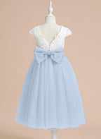 NumberSea - A - line Satin Tulle Tea - length First Communion Flower Girl Dress