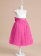 NumberSea - A - line Satin Tulle Tea - length First Communion Flower Girl Dress