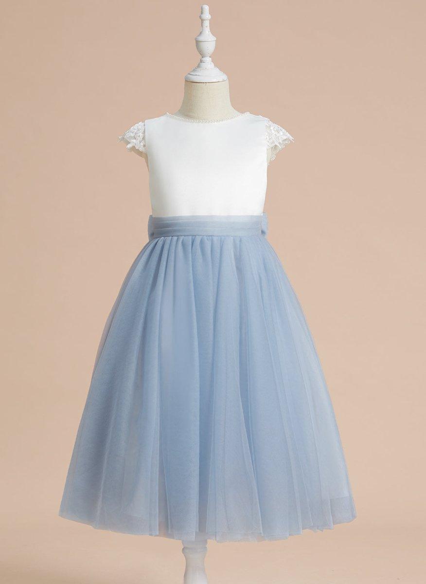NumberSea - A - line Satin Tulle Tea - length First Communion Flower Girl Dress
