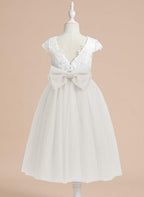 NumberSea - A - line Satin Tulle Tea - length First Communion Flower Girl Dress