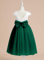 NumberSea - A - line Satin Tulle Tea - length First Communion Flower Girl Dress