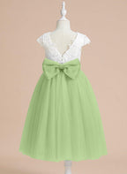 NumberSea - A - line Satin Tulle Tea - length First Communion Flower Girl Dress