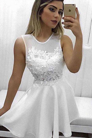 A-line Scoop Lace Appliqued Little White Dresses Homecoming Dresses